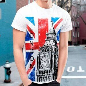 NWT EXCHANGE LONDON FLAG MEN'S WHITE CREW NECK SHORT SLEEVE T-SHIRT SIZE XL